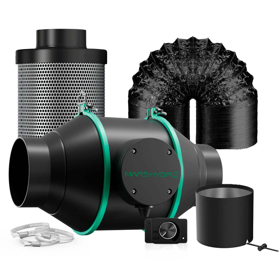 Mars Hydro 4-Zoll-Inline-Kanalventilator und Kohlefilter-Kombination mit Drehzahlregler
